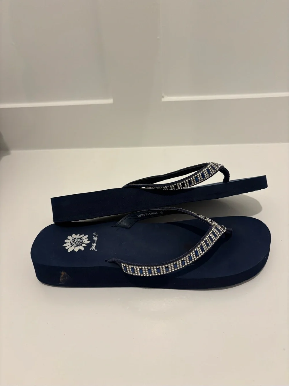 Yellow Box Navy Rhinestone Flip Flop Sandals - Picture 4 of 8